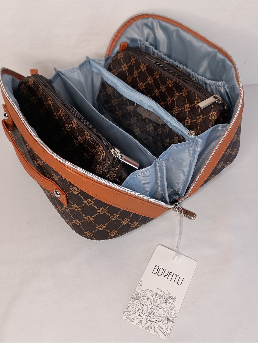 Women's Vegan Leather Travel EssentialsMake-up Cosmetic Bag 3pc Set with Handle - Picture 7 of 7